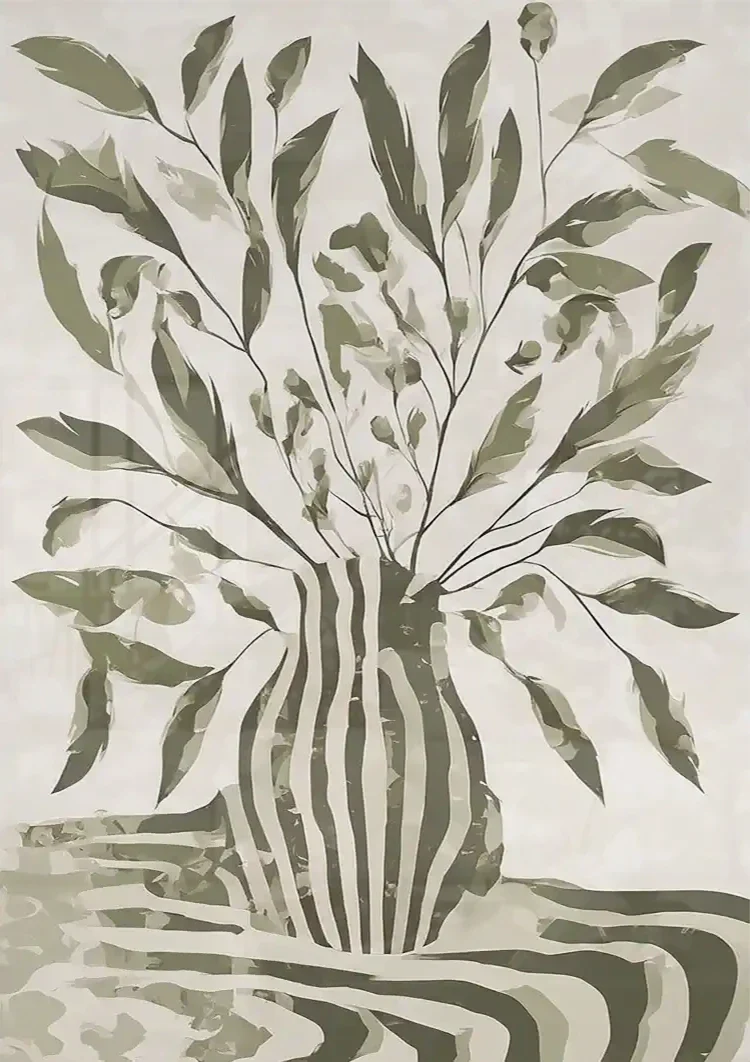 Grüne Pflanze Gestreifte Vase Monochromes Botanisches Gemälde