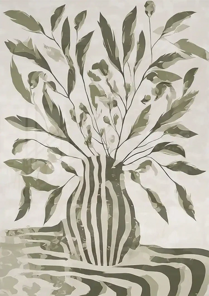 Grüne Pflanze Gestreifte Vase Monochromes Botanisches Gemälde