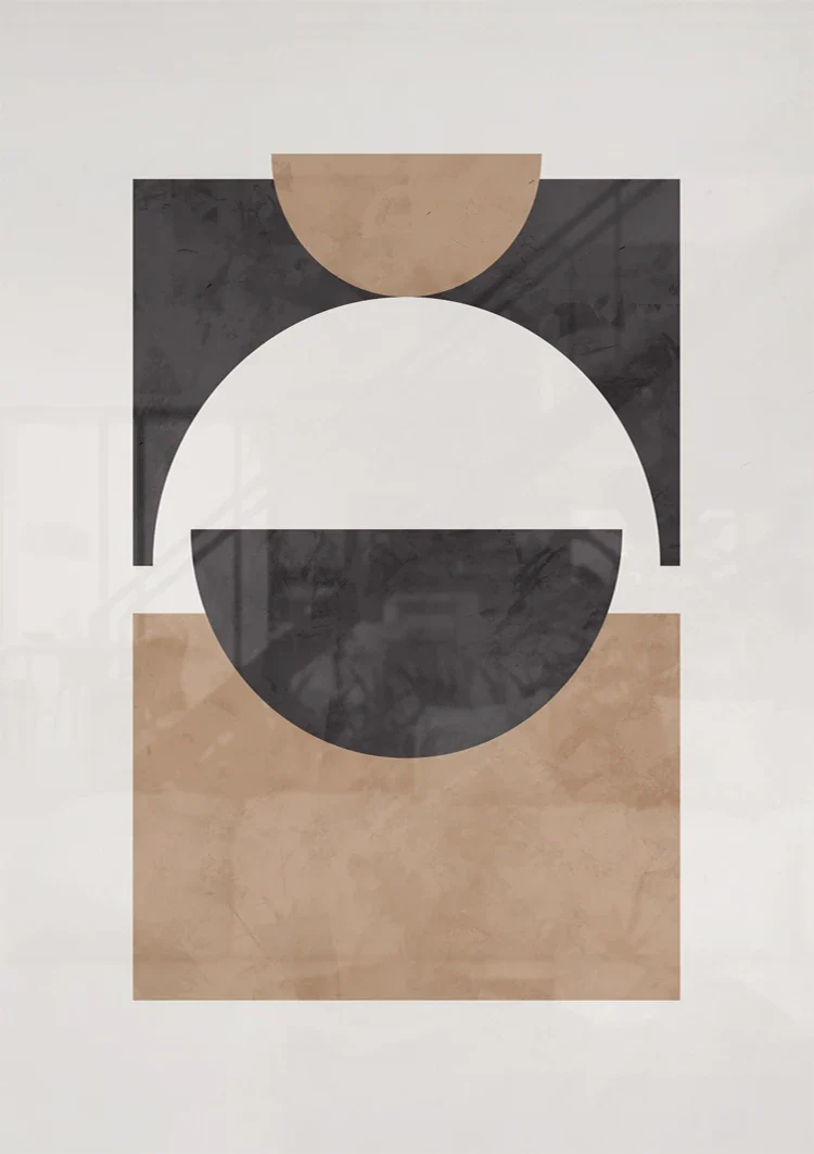 Black Square Circle Beige Half Circle Geometric Abstract Painting