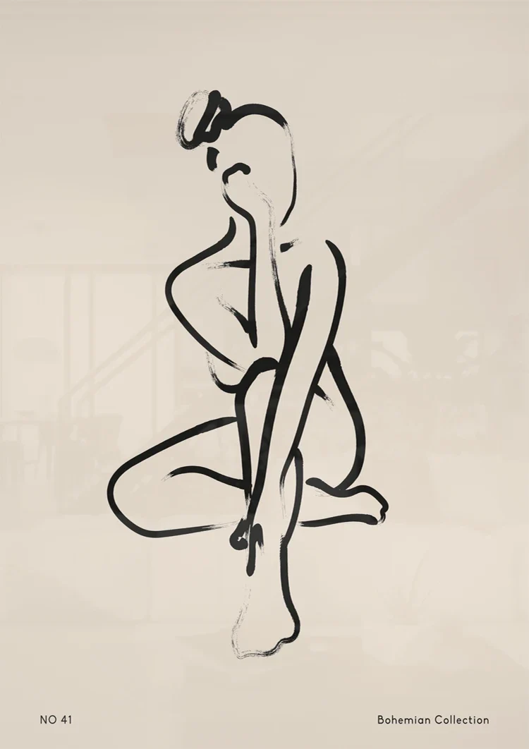 Minimalist Sitting Woman Black Line Art Bohemian Painting