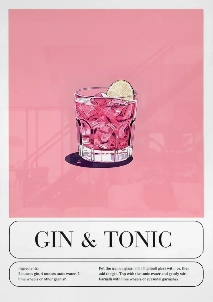 Gin und Tonic Cocktail Illustration Rosa Hintergrund Rezept Malerei