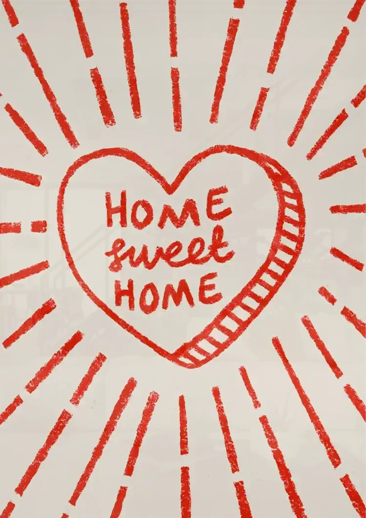 Home Sweet Home Rotes Herz Strahlend Beige Textbild