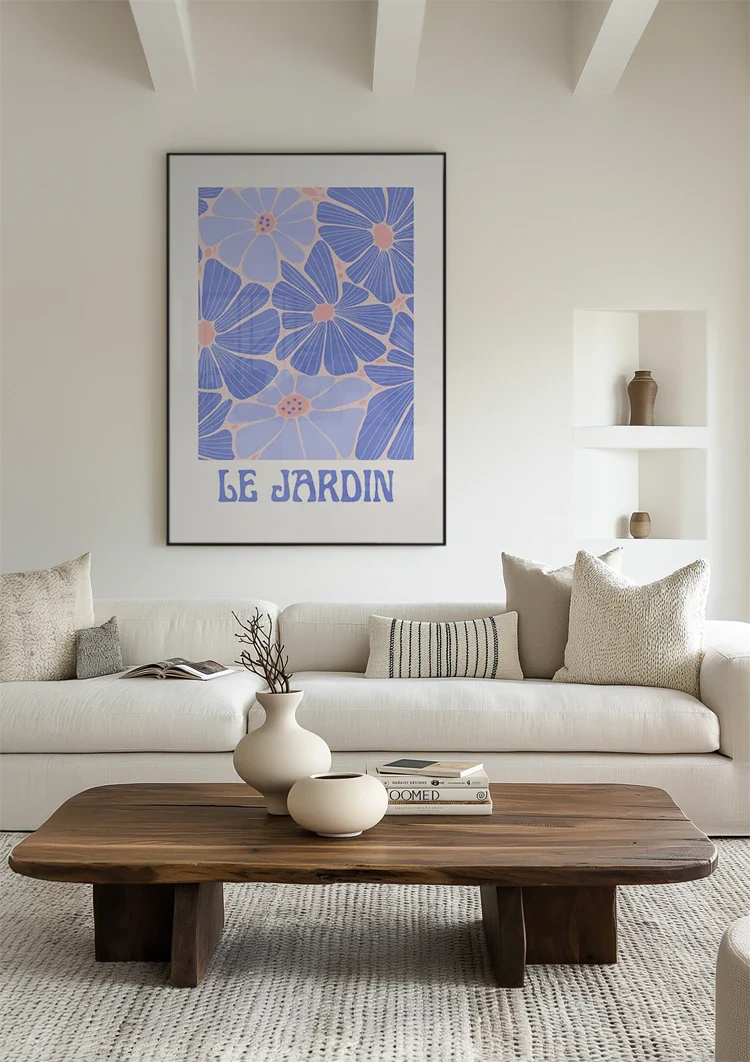 Blaue Lila Blumen Le Jardin Retro-Poster Gartenbild