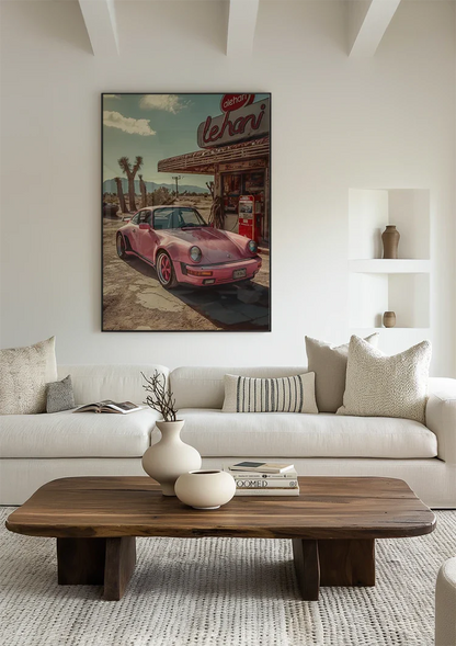 Vintage Pink Porsche Retro Gas Station Desert Americana Painting