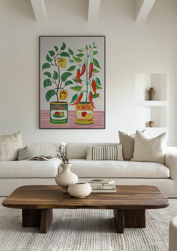 Salsa Blikken Paprika Rode Peper Planten Folk Art Retro Keuken Illustratie Schilderij