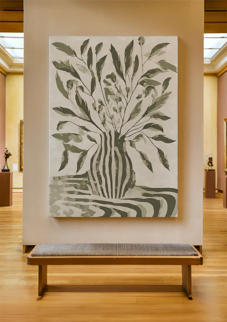 Grüne Pflanze Gestreifte Vase Monochromes Botanisches Gemälde