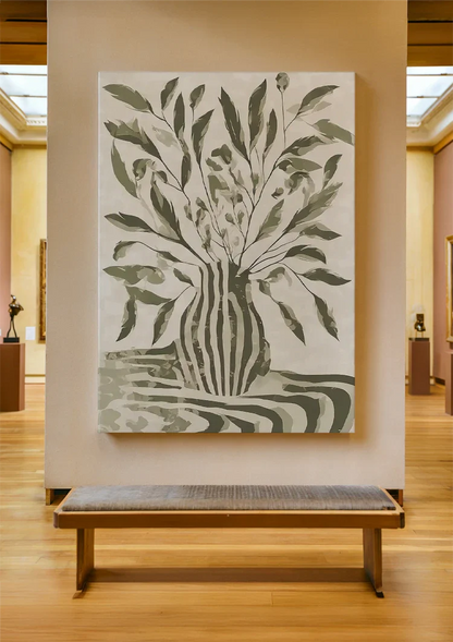 Grüne Pflanze Gestreifte Vase Monochromes Botanisches Gemälde