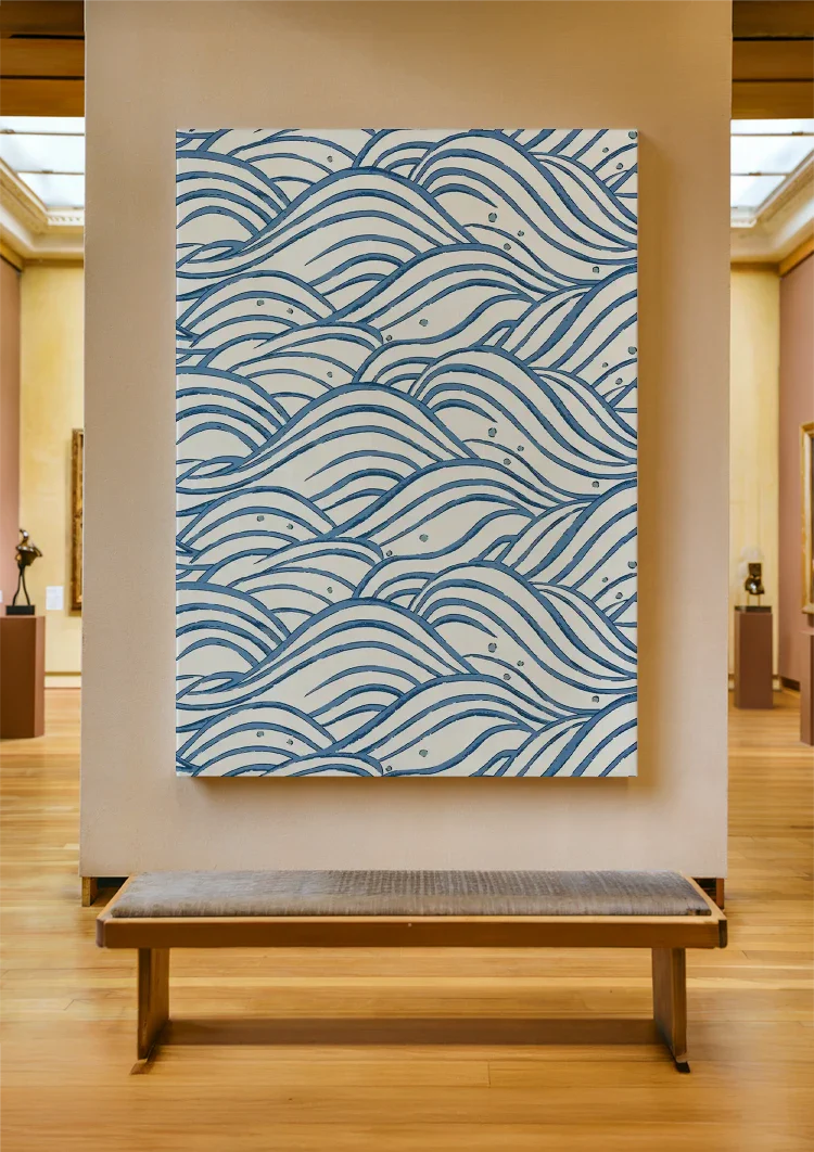 Blue Waves Pattern White Background Ocean Painting