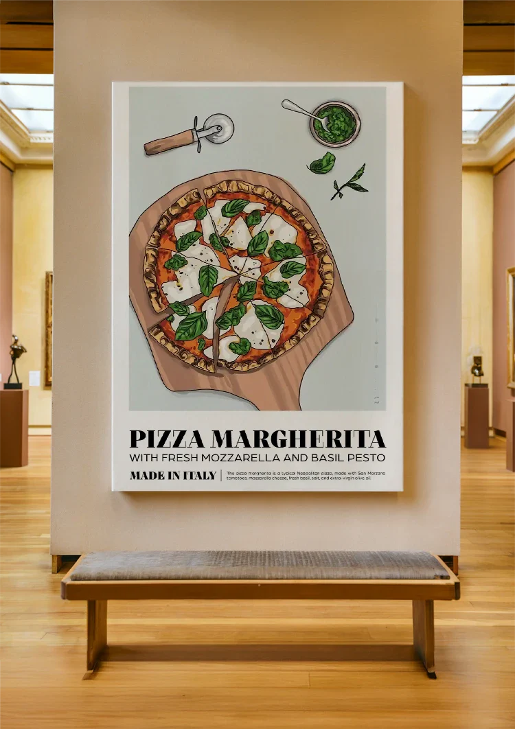 Neapolitanische Pizza Margherita Mozzarella Basilikum Illustration Gemälde