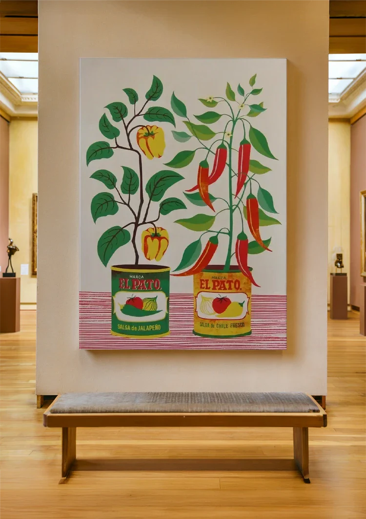 Salsa Blikken Paprika Rode Peper Planten Folk Art Retro Keuken Illustratie Schilderij