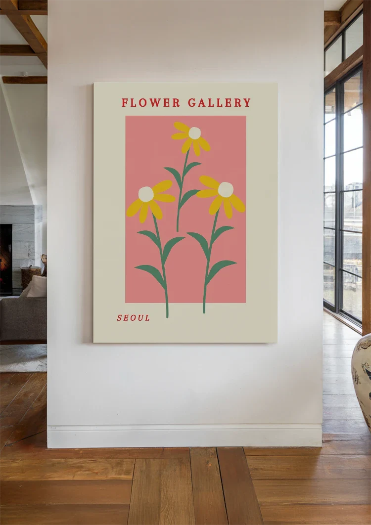 Gelbe Margeriten Rosa Hintergrund Blumengalerie Retro Poster Malerei