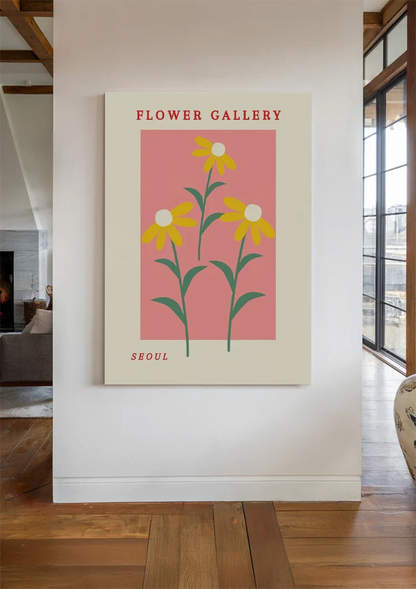 Gelbe Margeriten Rosa Hintergrund Blumengalerie Retro Poster Malerei