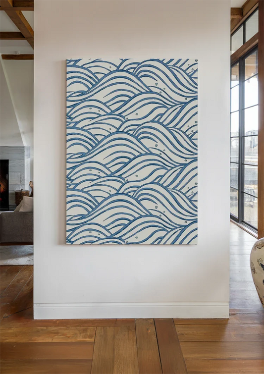 Blauwe Golven Patroon Witte Achtergrond Oceaan Canvas Schilderij
