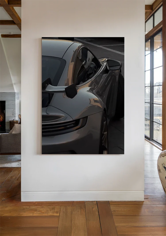 Dark grey sports car canvas painting on the wall in the hallway