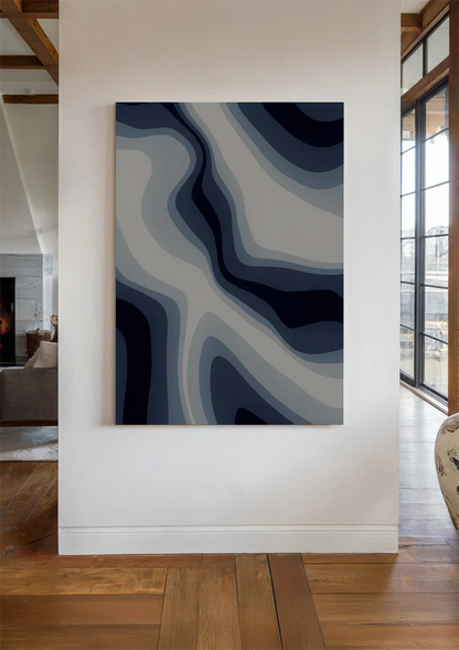 Abstracte Vloeiende Golven Marineblauw Grijs Modern Schilderij