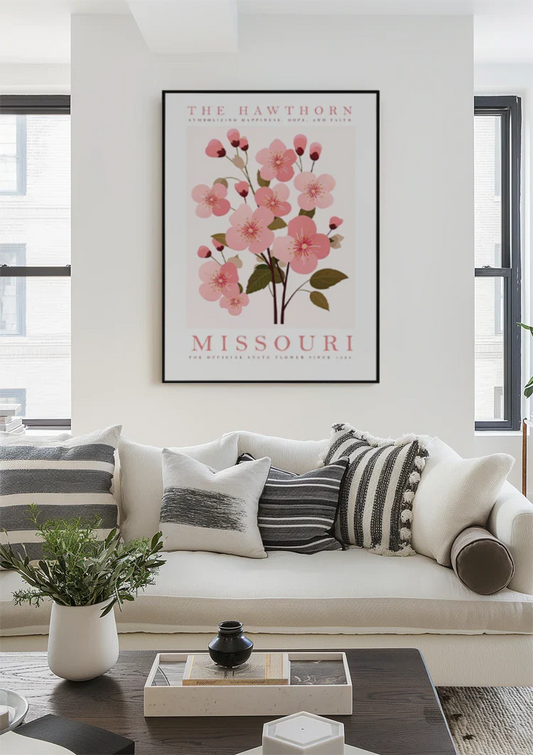 Hawthorn bloesem canvas schilderij aan de muur boven het bed in de slaapkamer