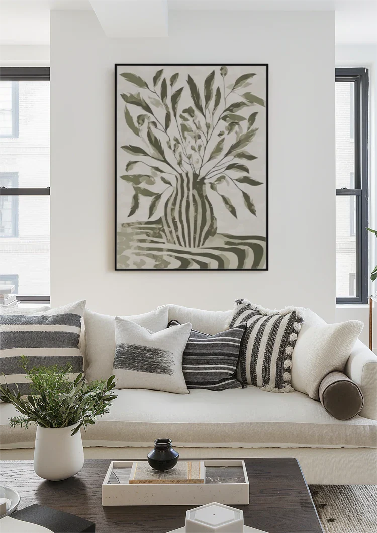 Grüne Pflanze Gestreifte Vase Monochromes Botanisches Gemälde