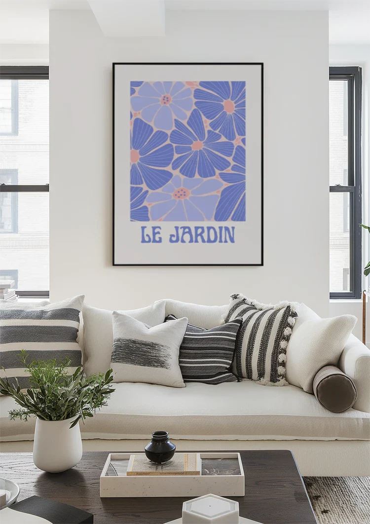 Blaue Lila Blumen Le Jardin Retro-Poster Gartenbild