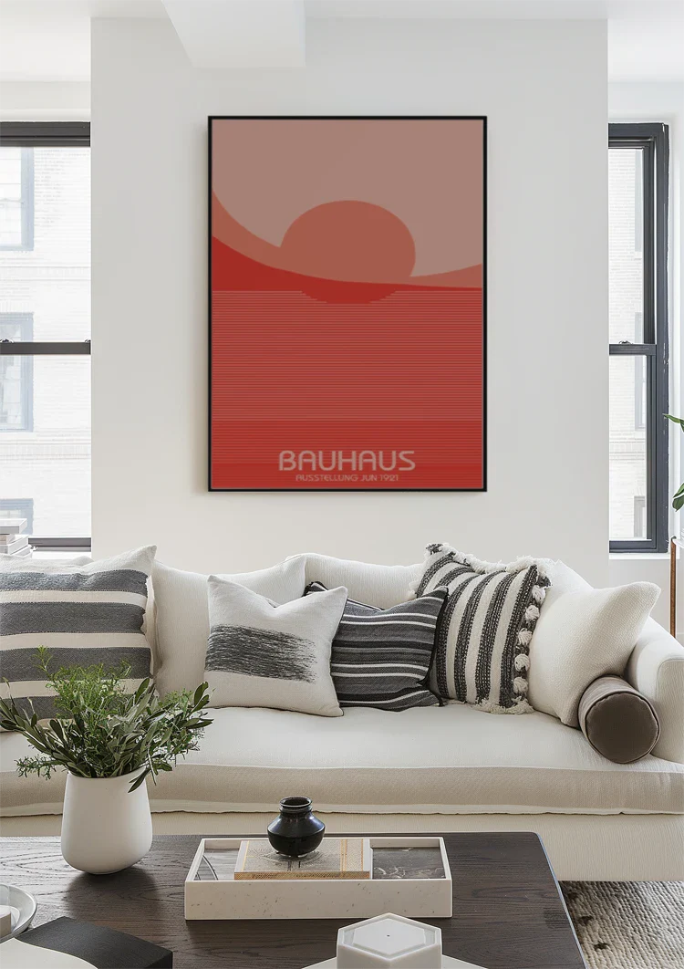 Bauhaus Rode Ondergaande Zon Horizontale Lijnen Schilderij