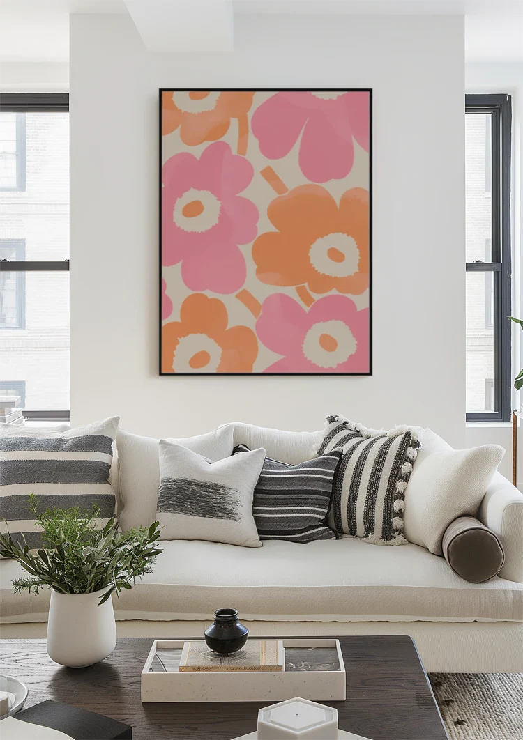 Grote Roze Oranje Bloemen Abstract Modern Bloemenschilderij