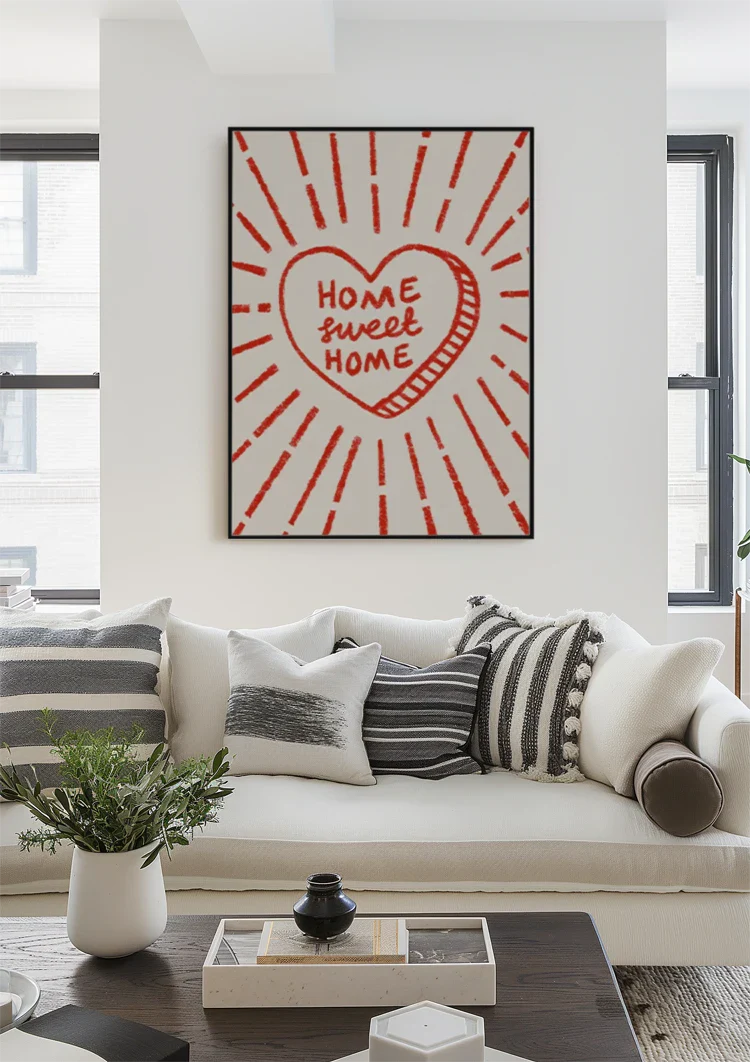 Home Sweet Home Rotes Herz Strahlend Beige Textbild