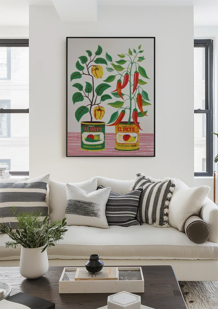 Salsa Blikken Paprika Rode Peper Planten Folk Art Retro Keuken Illustratie Schilderij