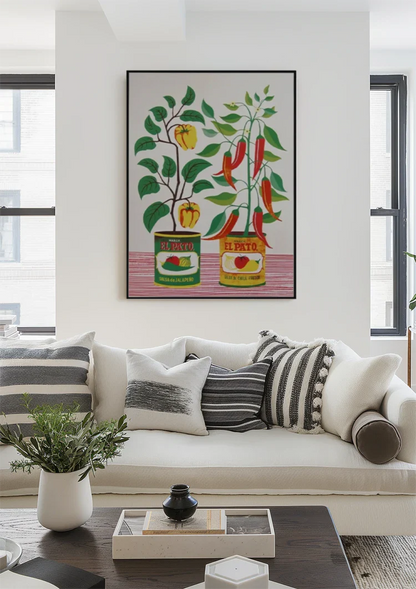 Salsa Blikken Paprika Rode Peper Planten Folk Art Retro Keuken Illustratie Schilderij