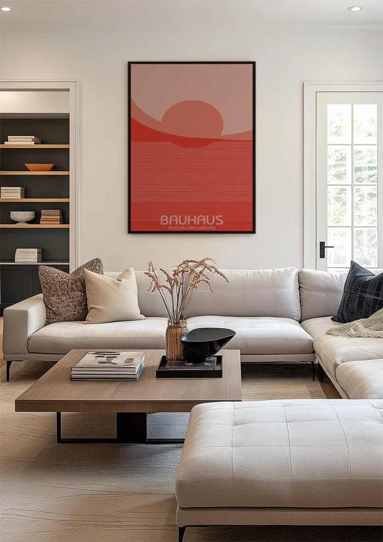 Bauhaus Rode Ondergaande Zon Horizontale Lijnen Schilderij