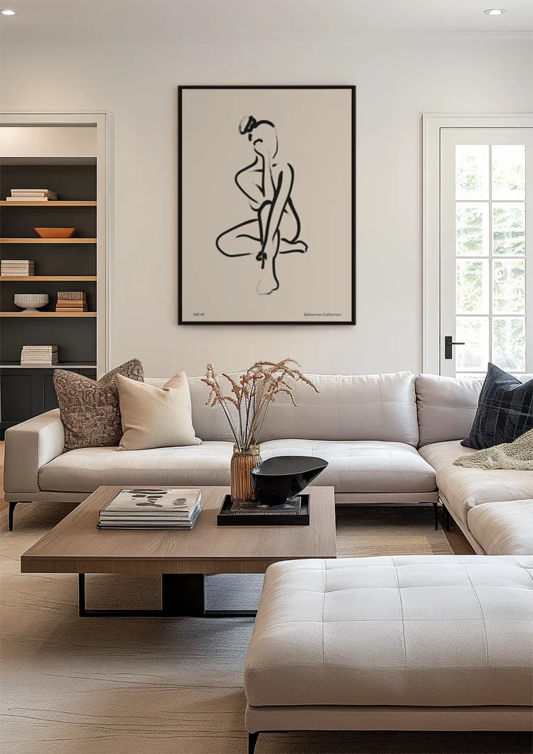 Minimalist Sitting Woman Black Line Art Bohemian Painting