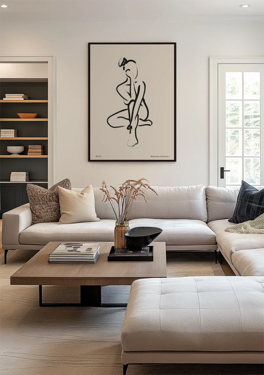 Minimalistische Zittende Vrouw Zwarte Lijntekening Bohemian Canvas Schilderij