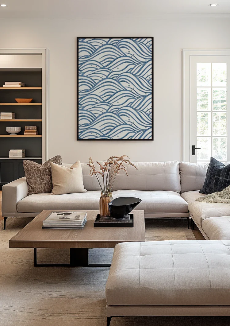 Blue Waves Pattern White Background Ocean Painting