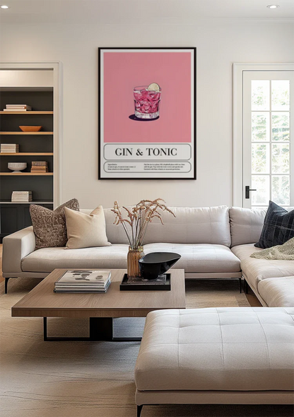 Gin und Tonic Cocktail Illustration Rosa Hintergrund Rezept Malerei