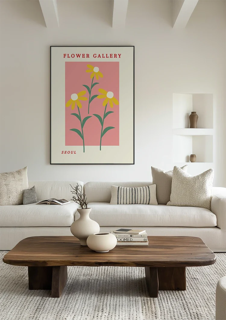 Gelbe Margeriten Rosa Hintergrund Blumengalerie Retro Poster Malerei