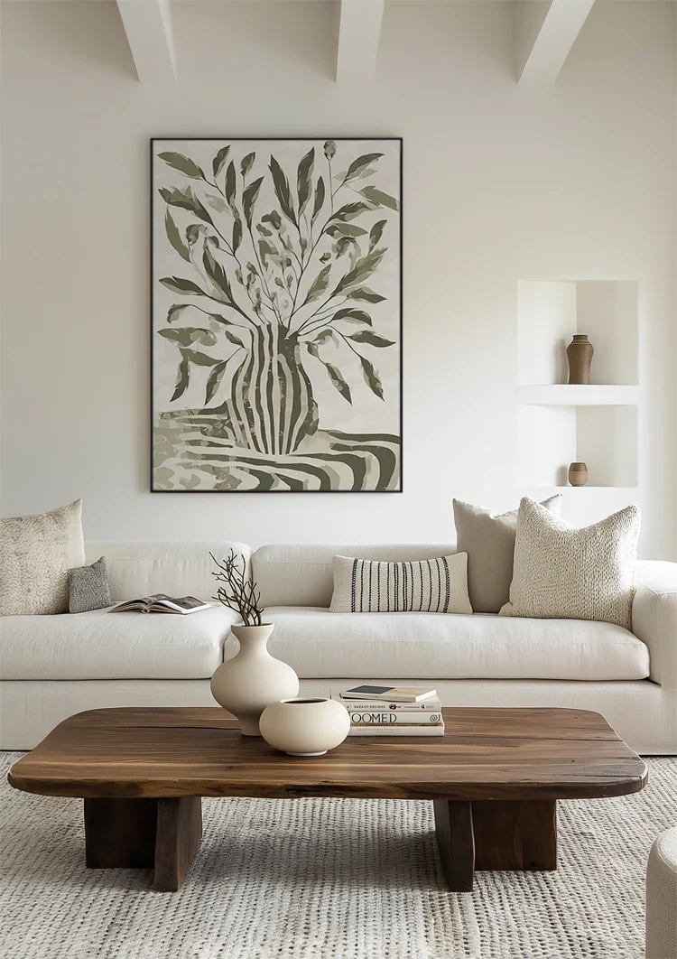 Grüne Pflanze Gestreifte Vase Monochromes Botanisches Gemälde