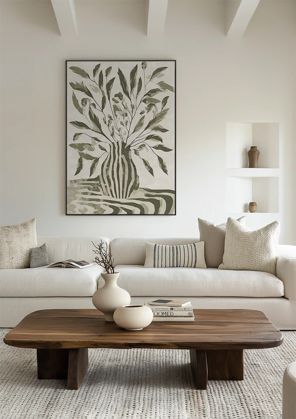 Grüne Pflanze Gestreifte Vase Monochromes Botanisches Gemälde