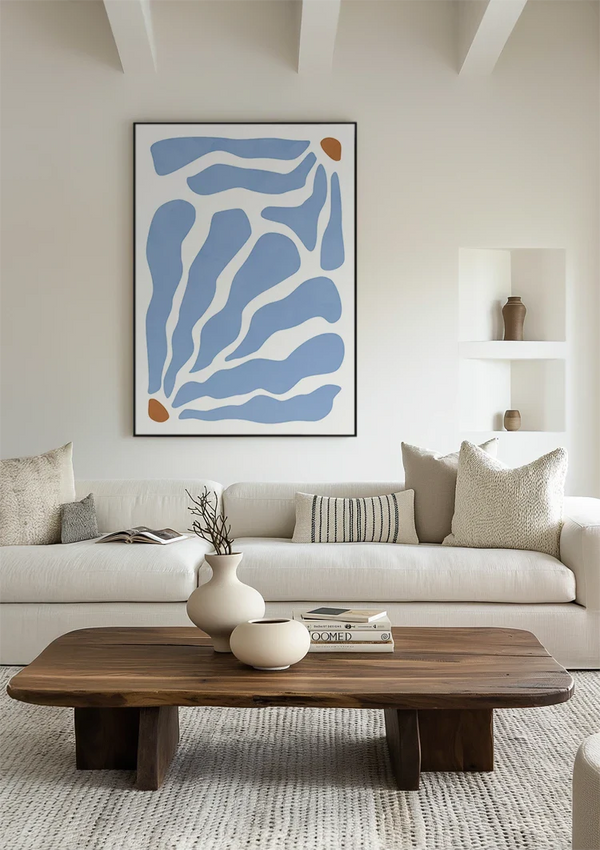 Blue Abstract Organic Shapes White Background Minimalist Painting