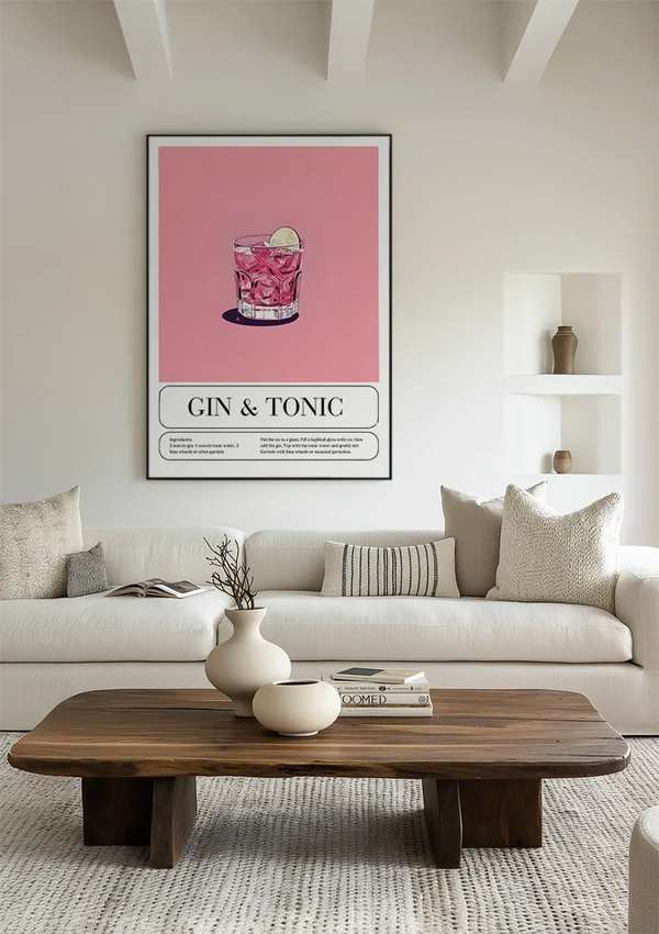 Gin und Tonic Cocktail Illustration Rosa Hintergrund Rezept Malerei
