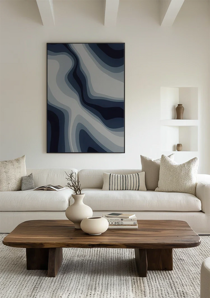 Abstracte Vloeiende Golven Marineblauw Grijs Modern Schilderij