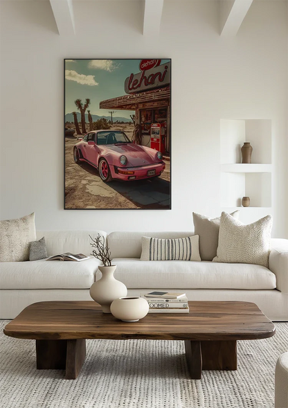 Vintage Pink Porsche Retro Gas Station Desert Americana Painting