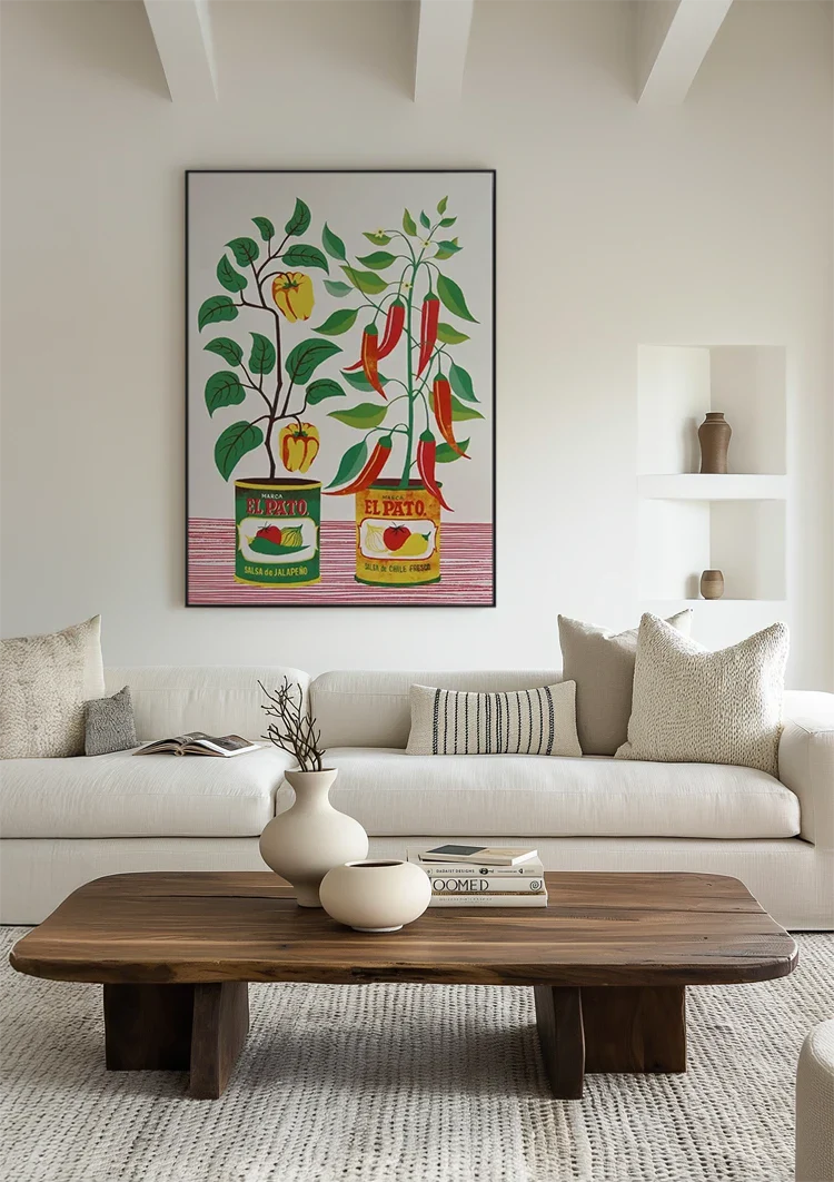 Salsa Blikken Paprika Rode Peper Planten Folk Art Retro Keuken Illustratie Schilderij