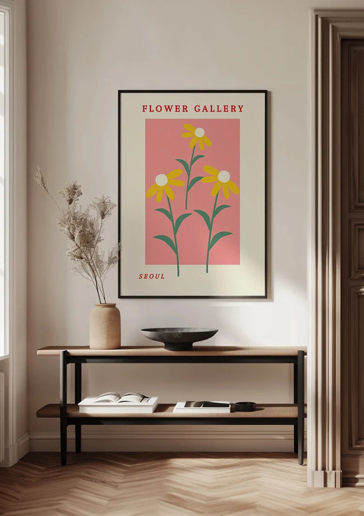 Gelbe Margeriten Rosa Hintergrund Blumengalerie Retro Poster Malerei