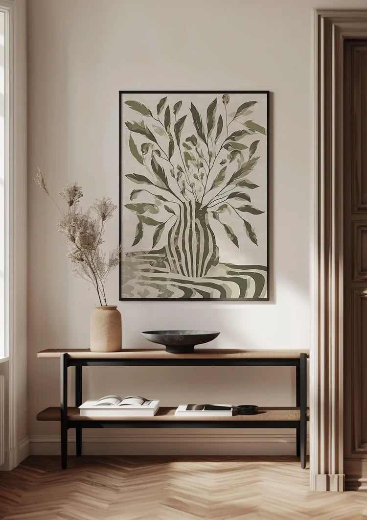 Grüne Pflanze Gestreifte Vase Monochromes Botanisches Gemälde