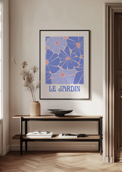 Blaue Lila Blumen Le Jardin Retro-Poster Gartenbild