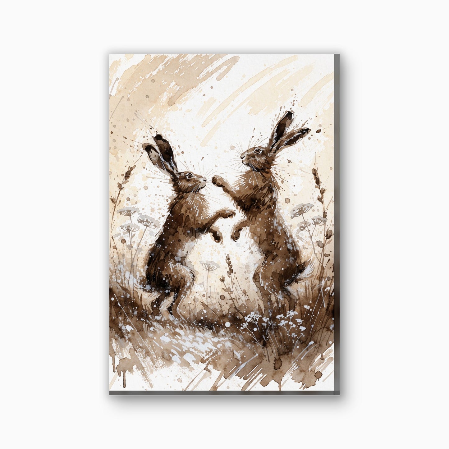 Boksende hazen canvas schilderij in bruin en creme