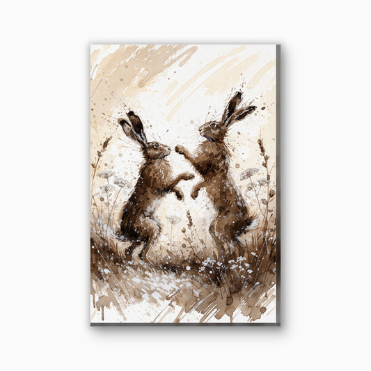 Boksende hazen canvas schilderij in bruin en creme