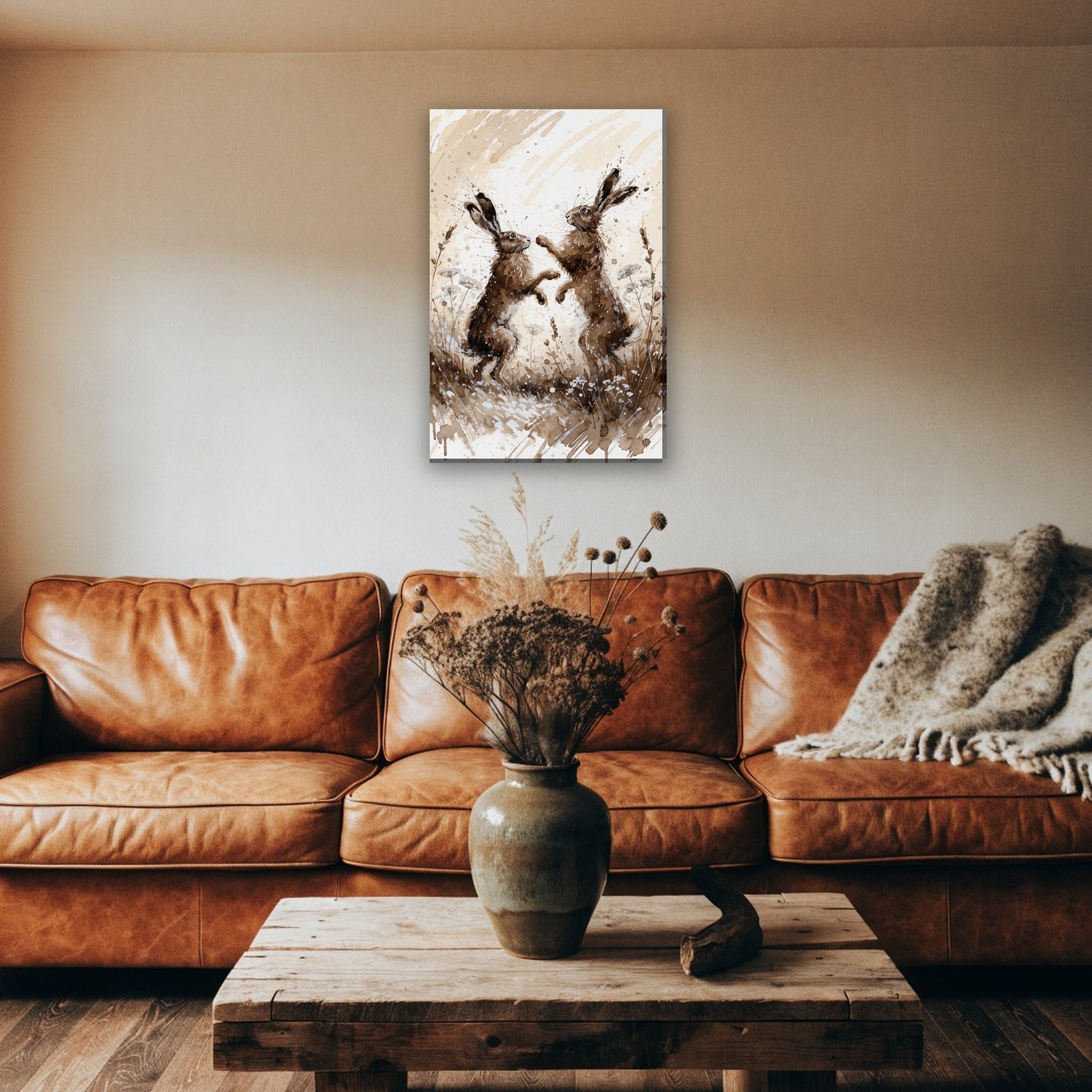 Boksende hazen canvas schilderij aan de muur boven de bank in een landelijke woonkamer