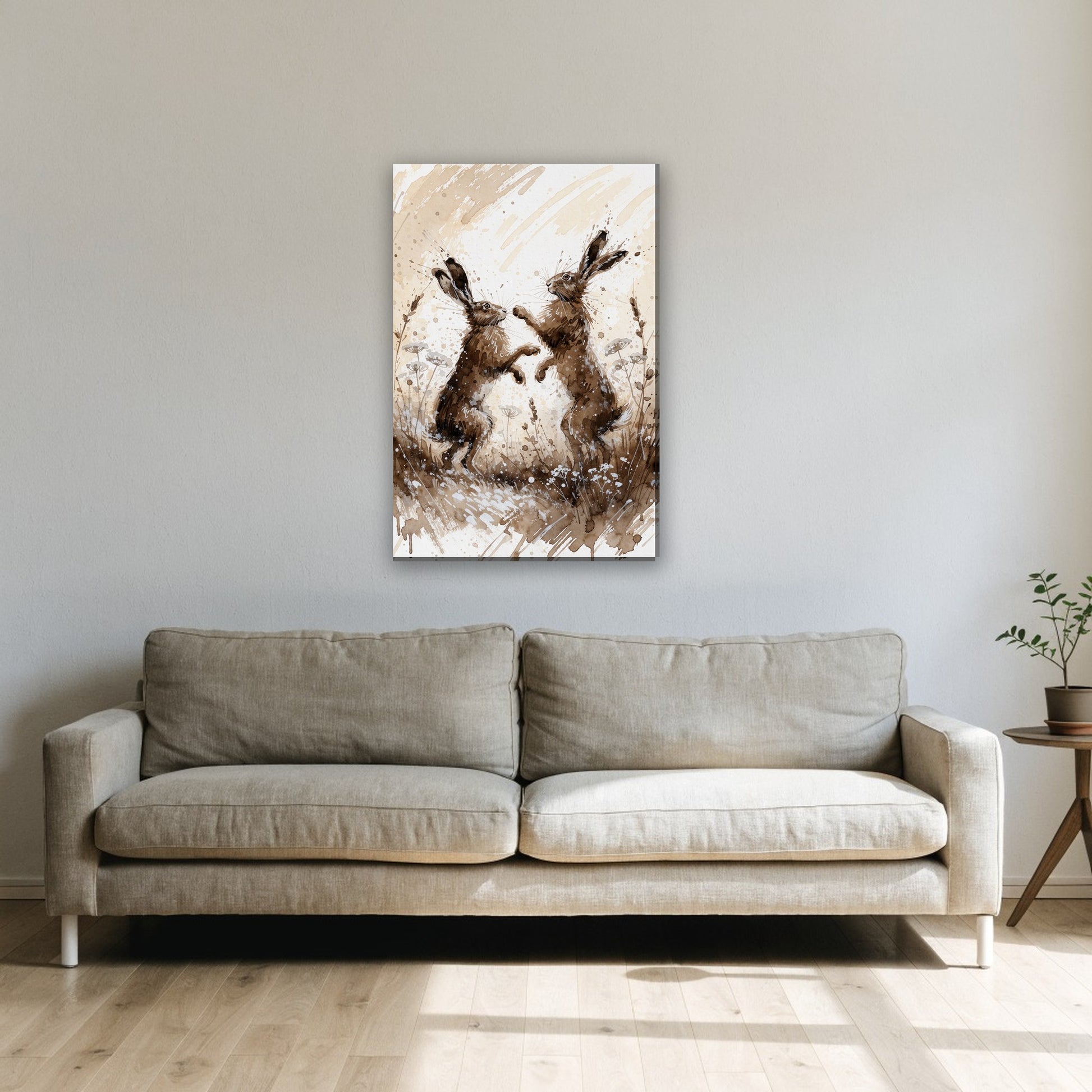 Boksende hazen canvas schilderij aan de muur boven de bank in de woonkamer