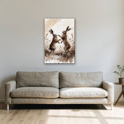 Boksende hazen canvas schilderij aan de muur boven de bank in de woonkamer
