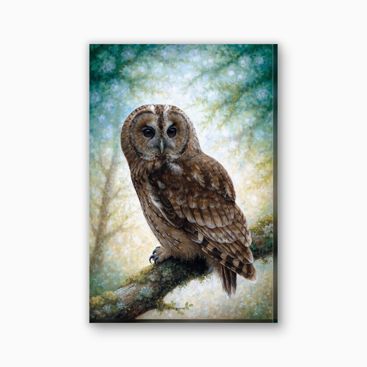 Bosuil op tak canvas schilderij in bruin en mosgroen
