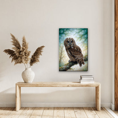 Bosuil op tak canvas schilderij aan de muur in de hal boven een houten bank